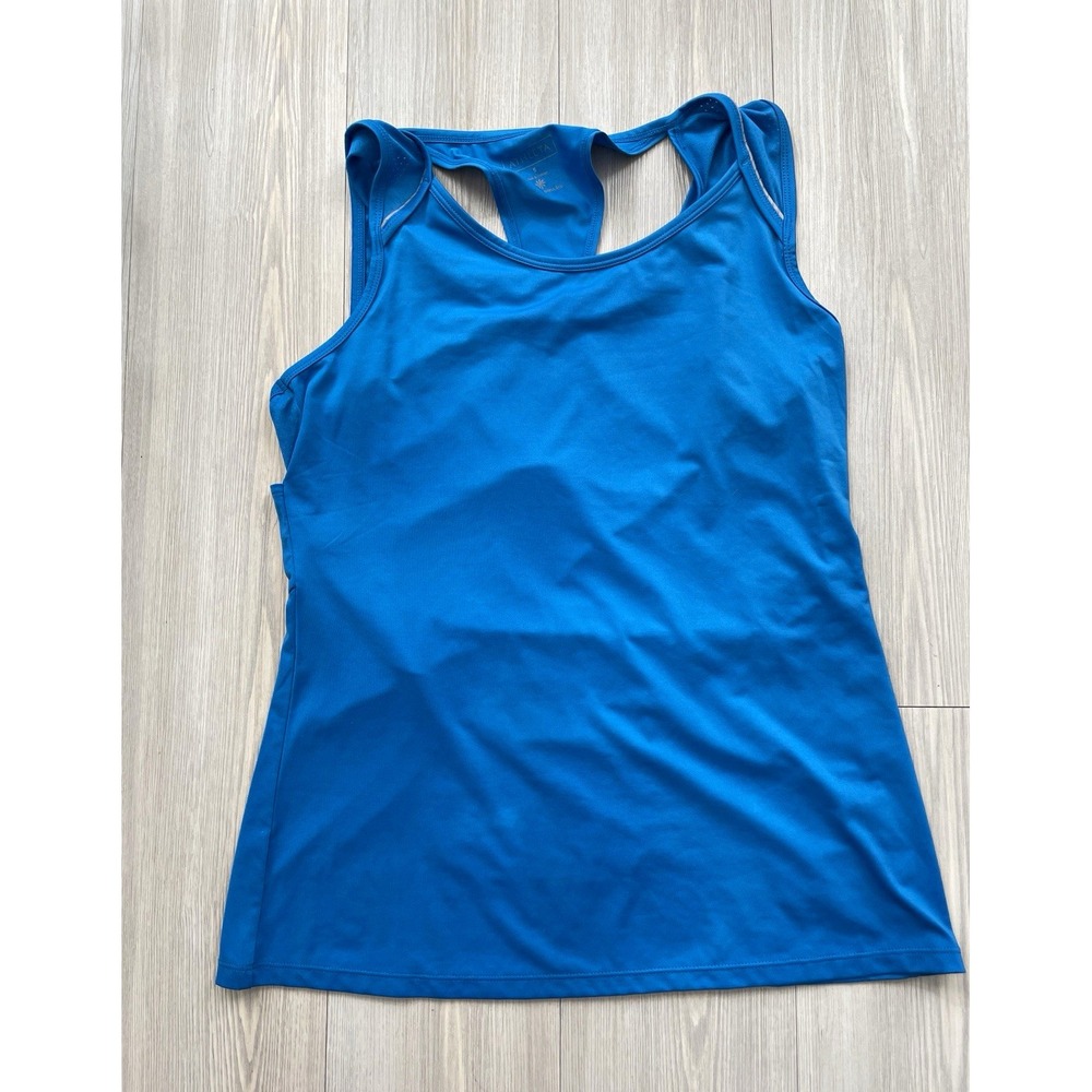 Athleta Women's Blue Racerback Tank Top Built-In Bra Zip Pocket Size S Gym